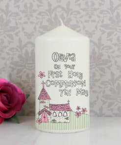Personalised Whimsical Church Pink 1st Holy Communion Pillar Candle