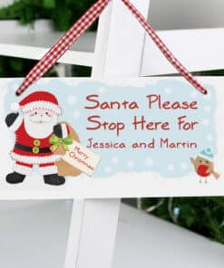 Personalised Felt Stitch Santa Stop Here Wooden Sign